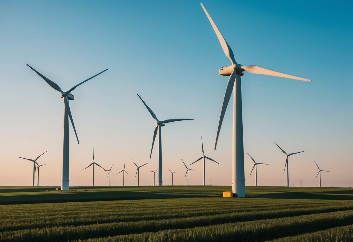 A field of wind turbines generating clean energy under a clear blue sky